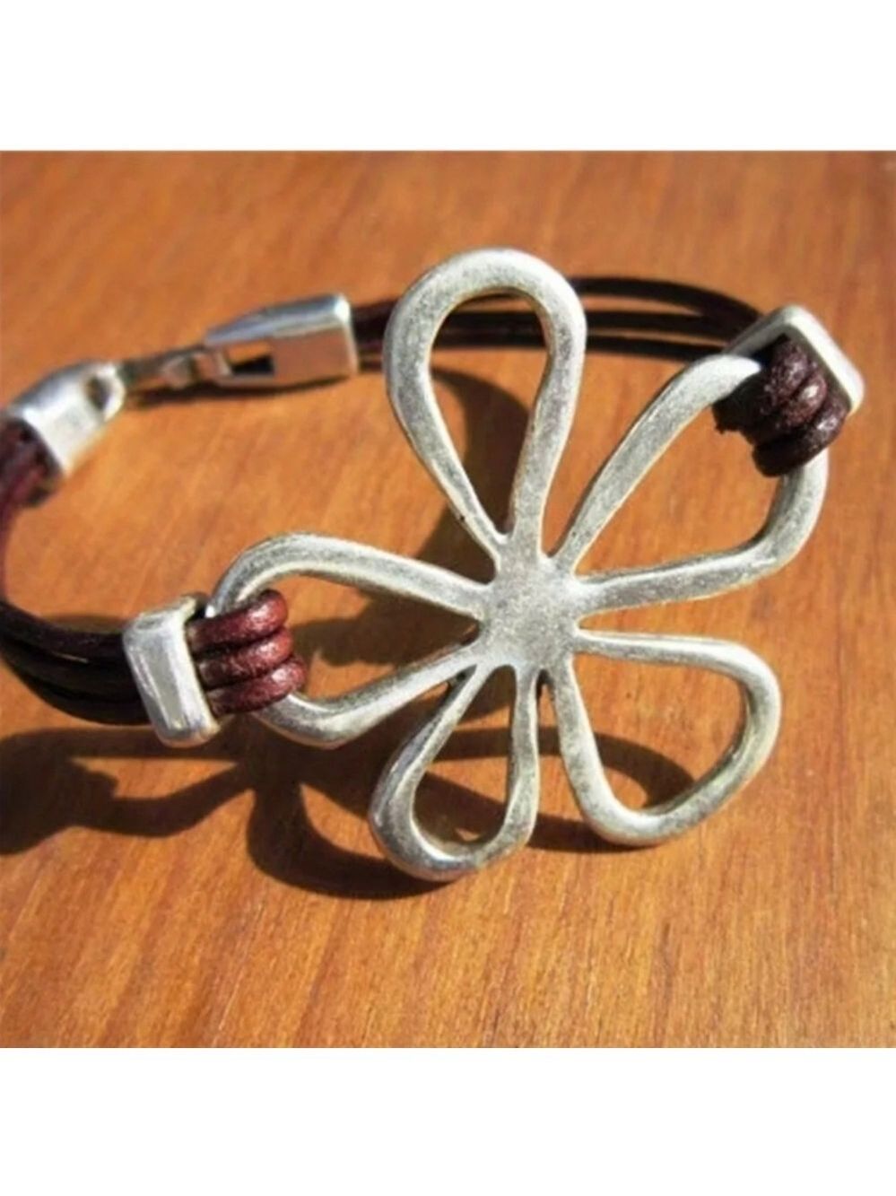 Silvertone Flower Bracelet Brown Cord - Picture 2 of 6